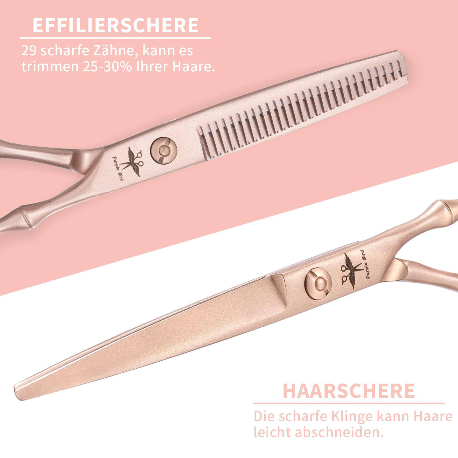 PURPLEBIRD Friseurscheren Profi, Haarschere Friseurschere Set aus Edelstahl Haarschneideschere und Effilierschere für Barbier/Friseur/Anfänger 10 Stück Roségold