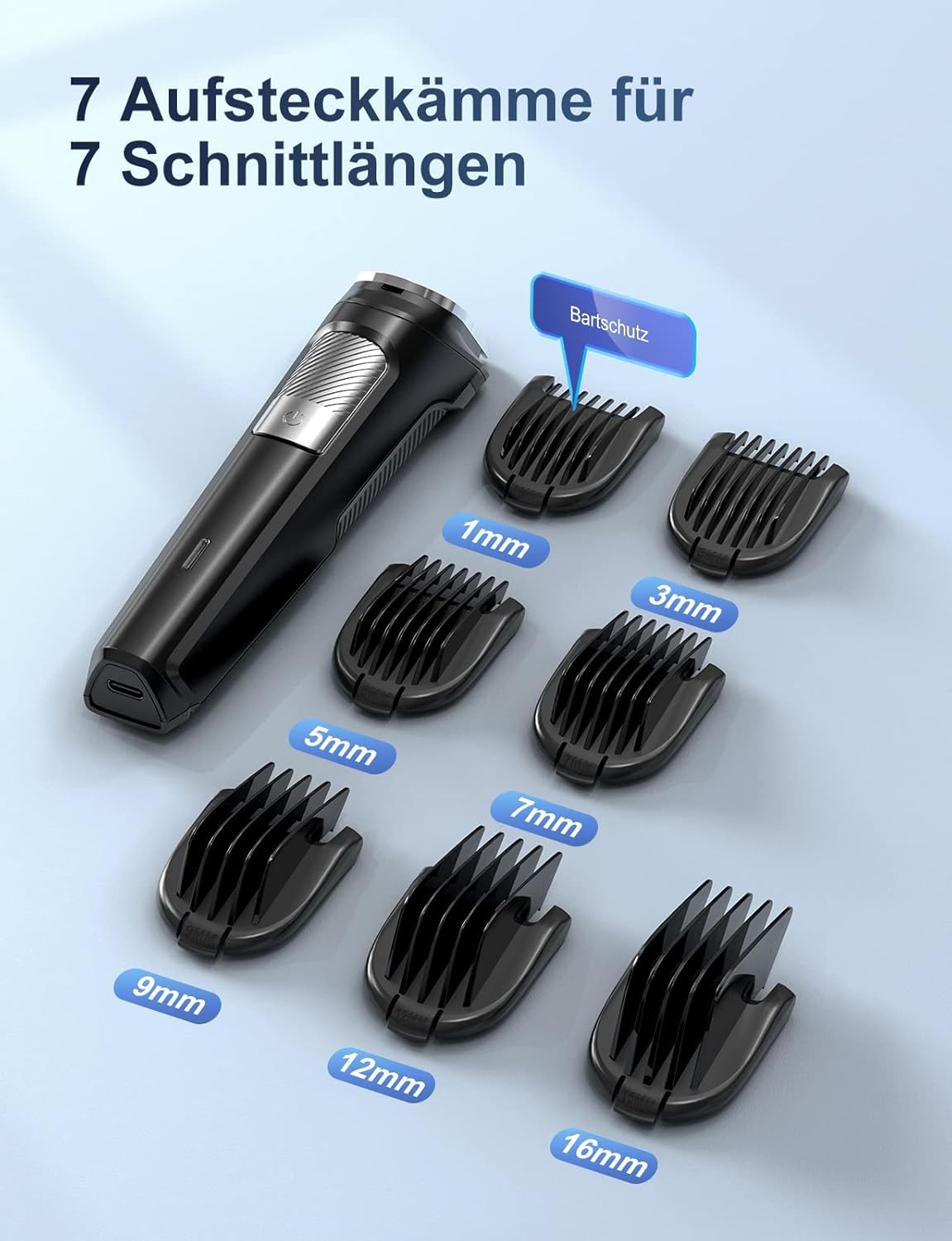 Barttrimmer Herren Haarschneidemaschine, All-in-1 Bartschneider Nasenhaartrimmer Kabellos, USB Wiederaufladbar & Wasserdicht Rasierer Elektrisch mit 7 Aufsteckkämme, Ultrascharfer Klinge