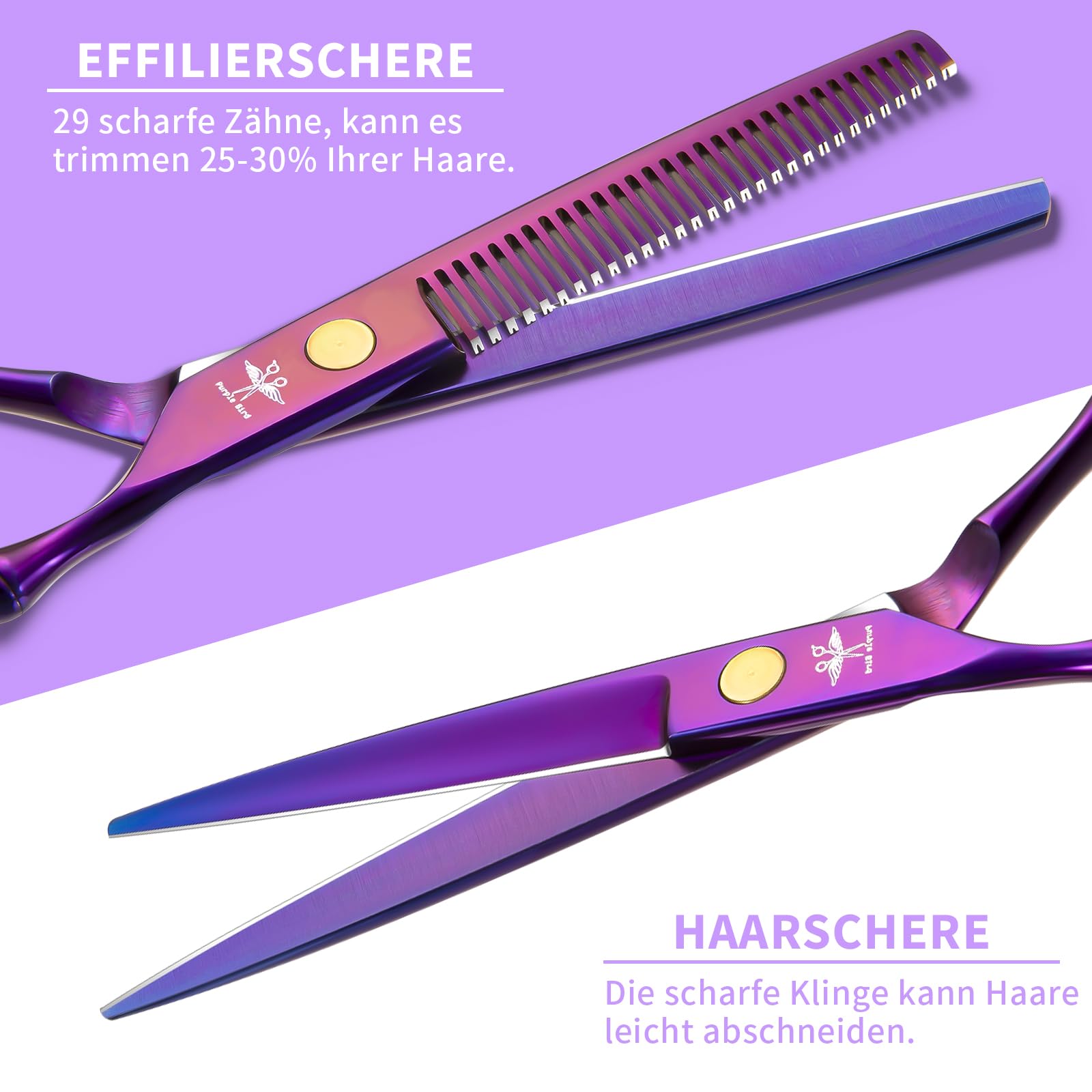 PURPLEBIRD Friseurscheren Profi, Haarschere Friseurschere Set aus Edelstahl Haarschneideschere und Effilierschere für Barbier/Friseur/Anfänger 10 Stück Roségold