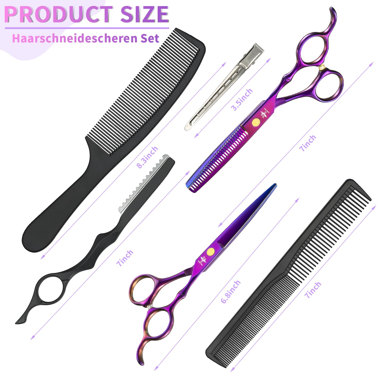 PURPLEBIRD Friseurscheren Profi, Haarschere Friseurschere Set aus Edelstahl Haarschneideschere und Effilierschere für Barbier/Friseur/Anfänger 10 Stück Roségold