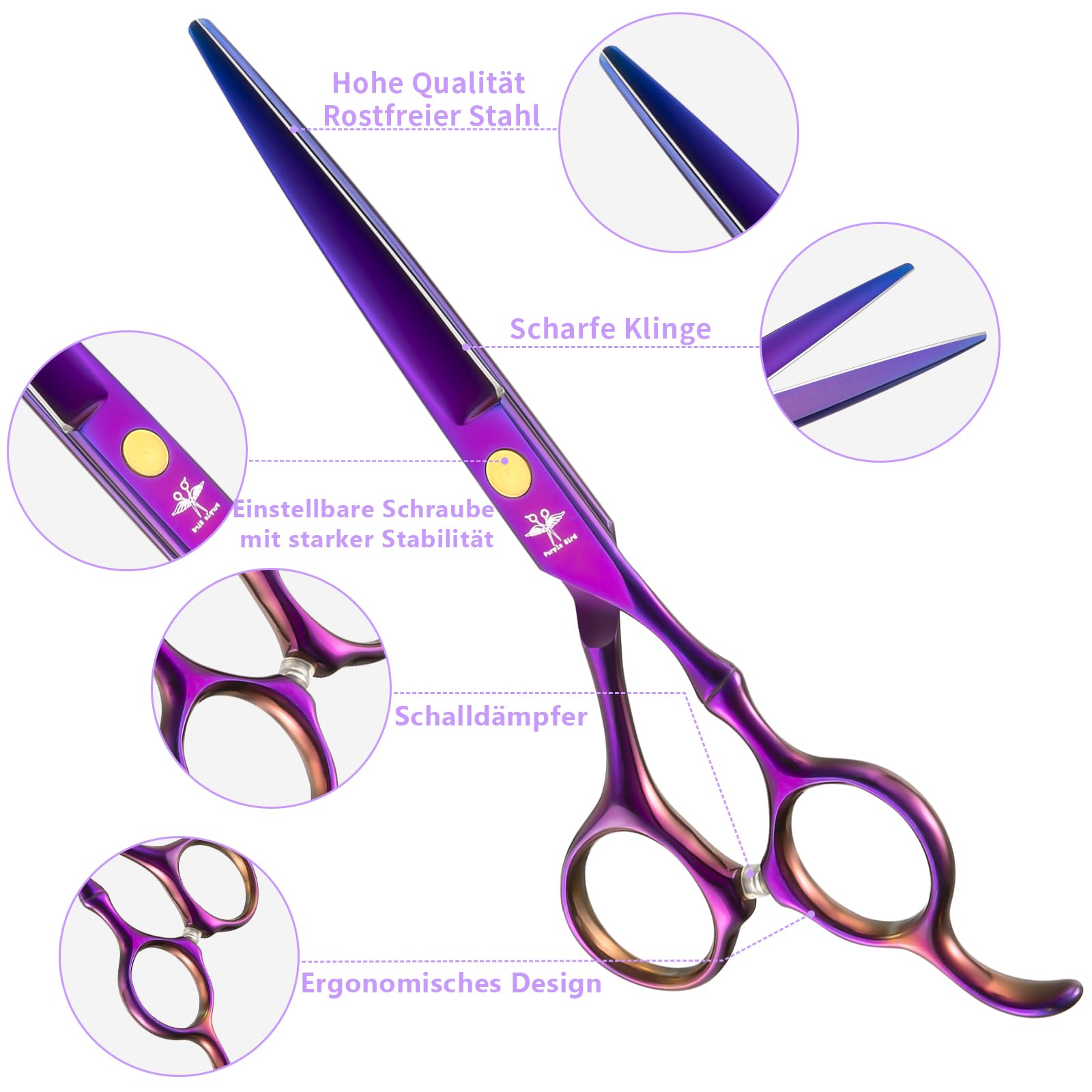 PURPLEBIRD Friseurscheren Profi, Haarschere Friseurschere Set aus Edelstahl Haarschneideschere und Effilierschere für Barbier/Friseur/Anfänger 10 Stück Roségold