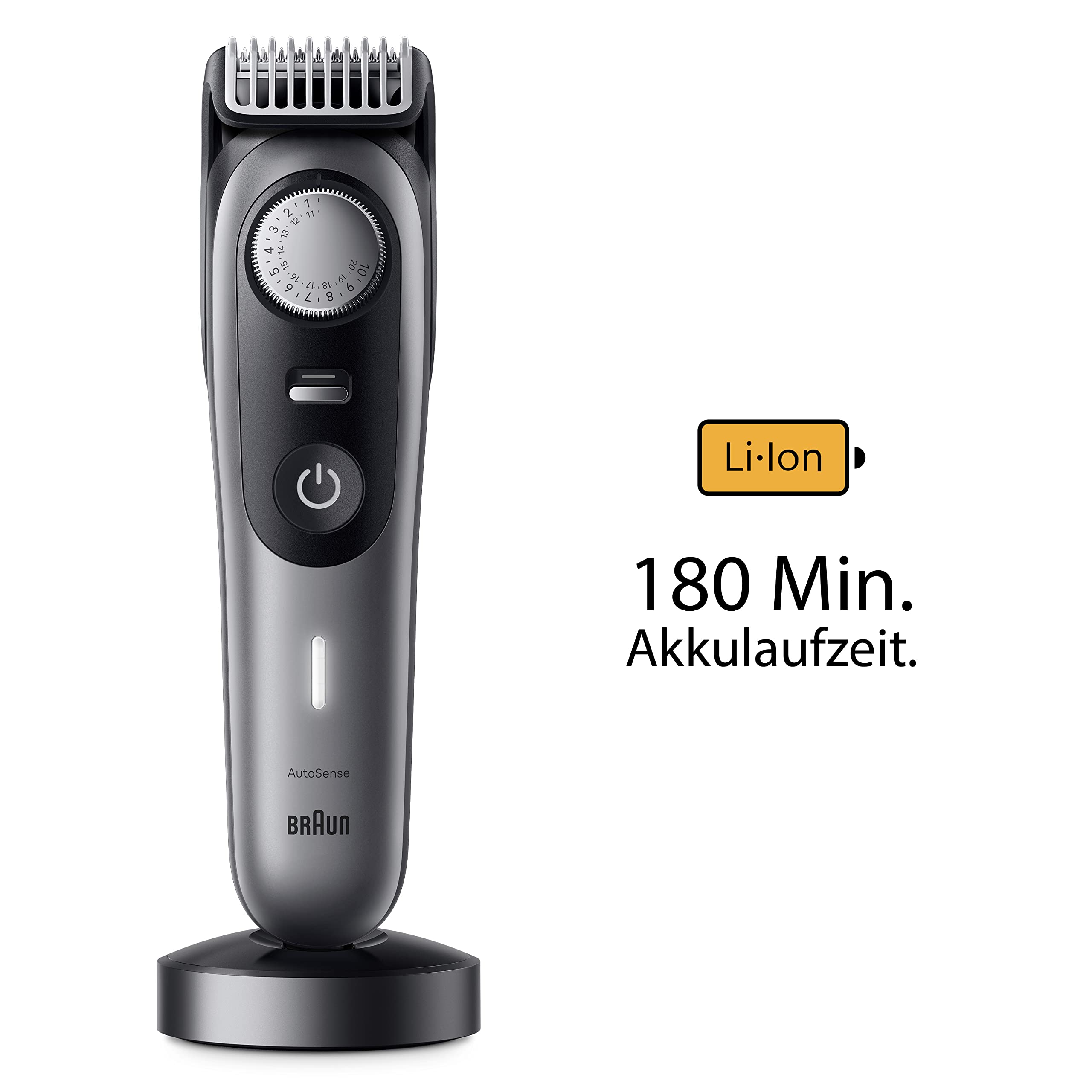 Braun Barttrimmer, Bartschneider/Trimmer/Haarschneider Herren, Haarschneidemaschine Profi, 40 Einstellungen, Ladestation, Reiseetui, Bartschablone, 180 Min. kabellose Laufzeit, BT9440