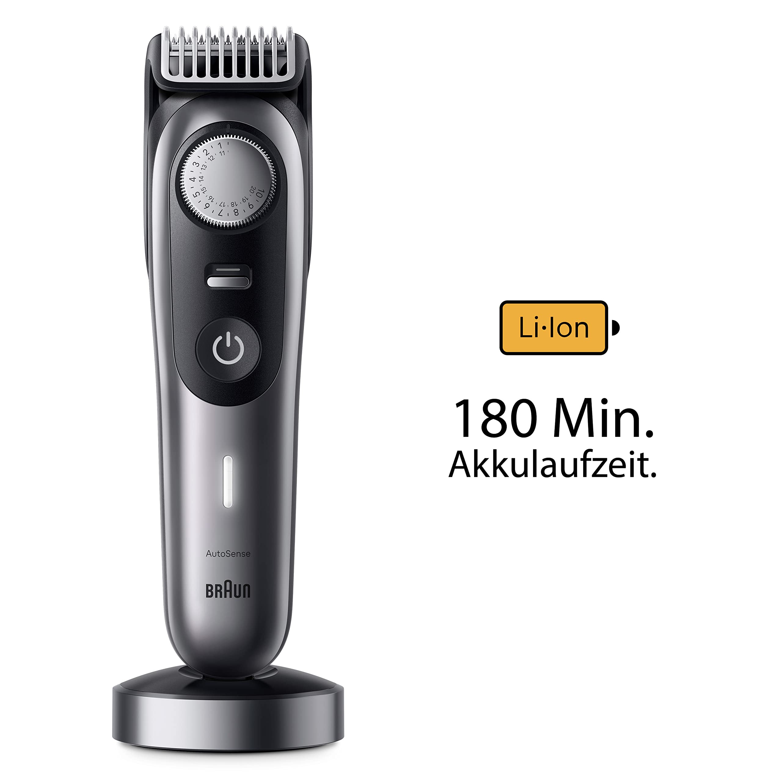 Braun Barttrimmer, Bartschneider/Trimmer/Haarschneider Herren, Haarschneidemaschine Profi, 40 Einstellungen, Ladestation, Reiseetui, Bartschablone, 180 Min. kabellose Laufzeit, BT9440