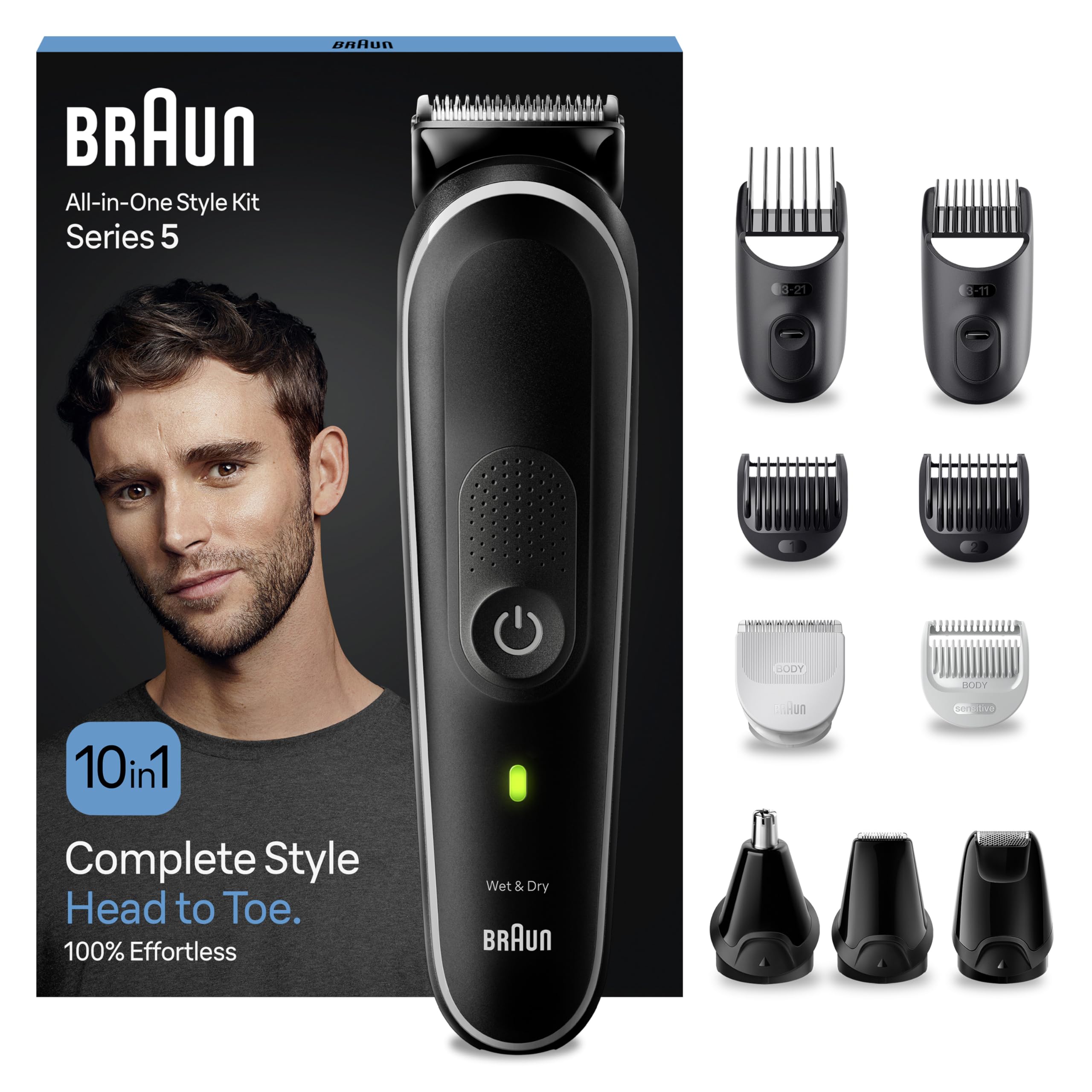 Braun Series 5 All-In-One Bartpflege Bodygroomer Set, 10-in-1 Barttrimmer / Bartschneider (versandfertiger Karton), Trimmer/Haarschneider Herren, Haarschneidemaschine, 100 Min Laufzeit, MGK5445