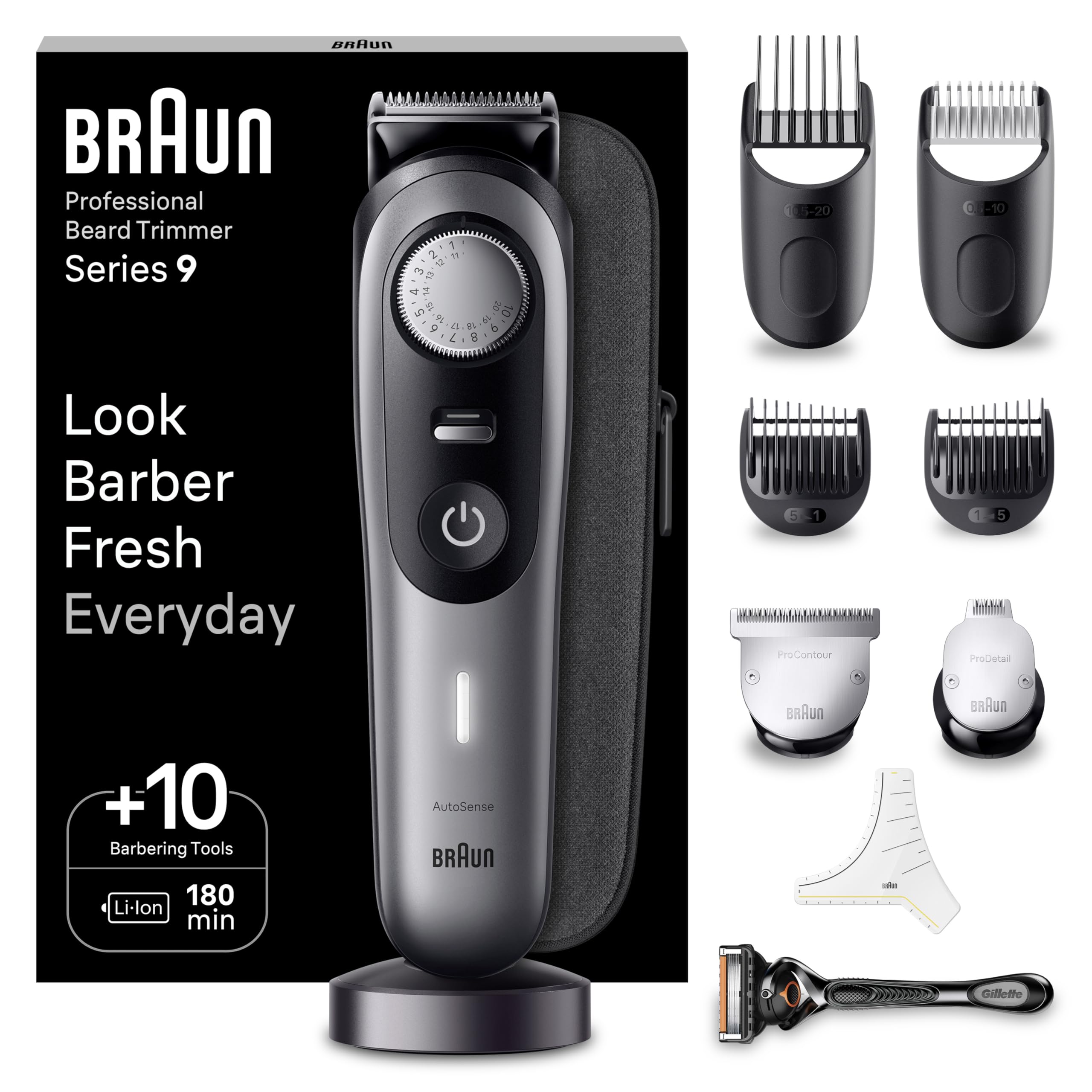 Braun Barttrimmer, Bartschneider/Trimmer/Haarschneider Herren, Haarschneidemaschine Profi, 40 Einstellungen, Ladestation, Reiseetui, Bartschablone, 180 Min. kabellose Laufzeit, BT9440