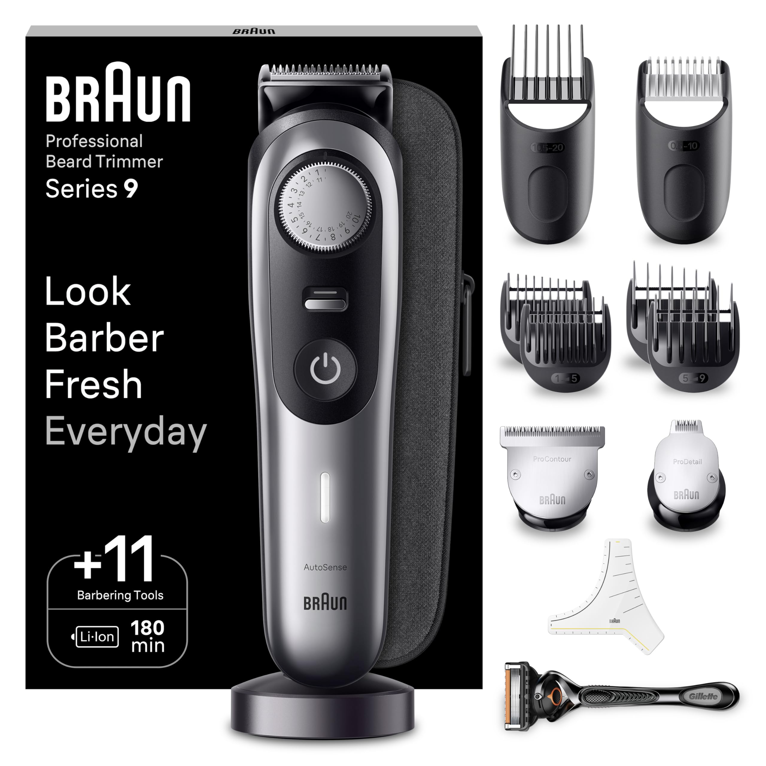 Braun Barttrimmer, Bartschneider/Trimmer/Haarschneider Herren, Haarschneidemaschine Profi, 40 Einstellungen, Ladestation, Reiseetui, Bartschablone, 180 Min. kabellose Laufzeit, BT9440